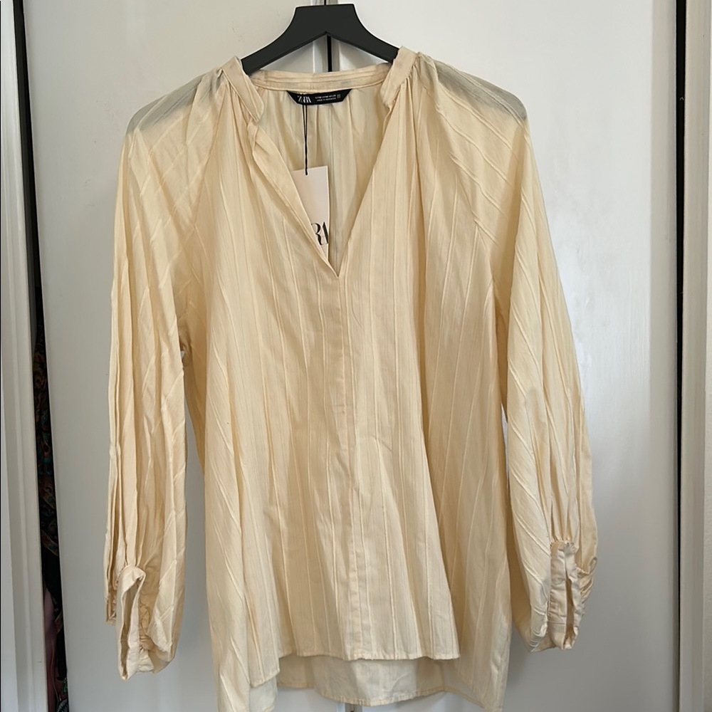 Zara Tan 3/4 Sleeve Mandarin Collar Blouse